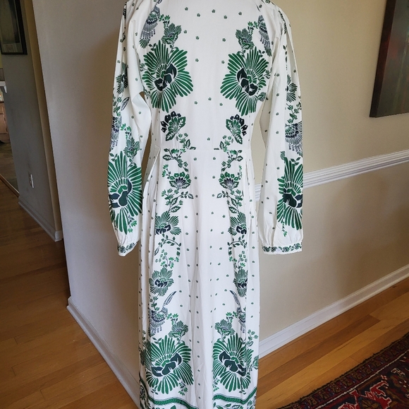 Outstanding green and white border print dress with Vneck button down the front - Picture 8 of 16